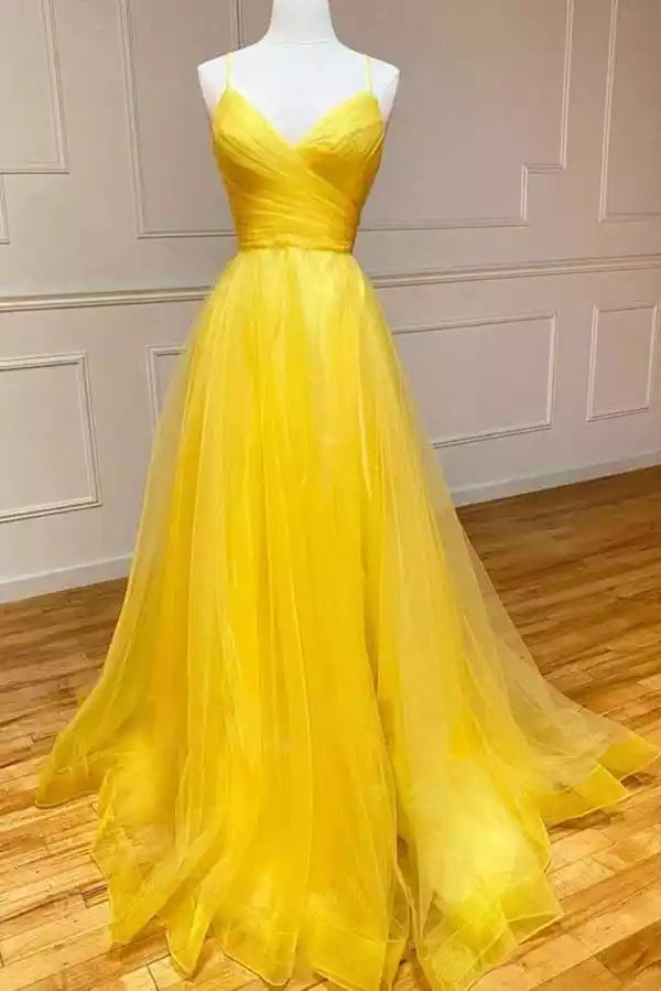 Vibrant Lemon Yellow Tulle Gown with Crisscross Back & A-Line Silhouette
