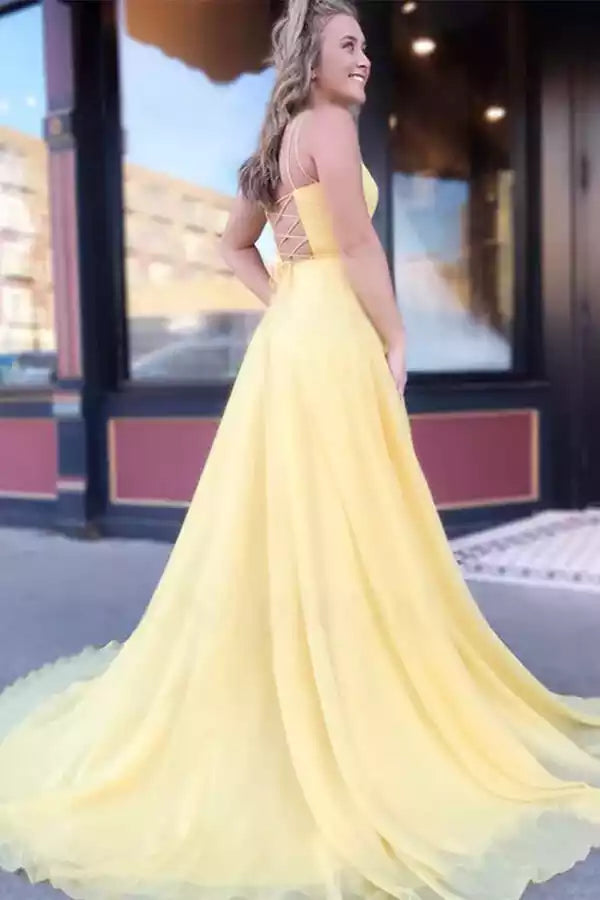 Vibrant Lemon Yellow Tulle Gown with Lace-Up Back & Ballgown Silhouette