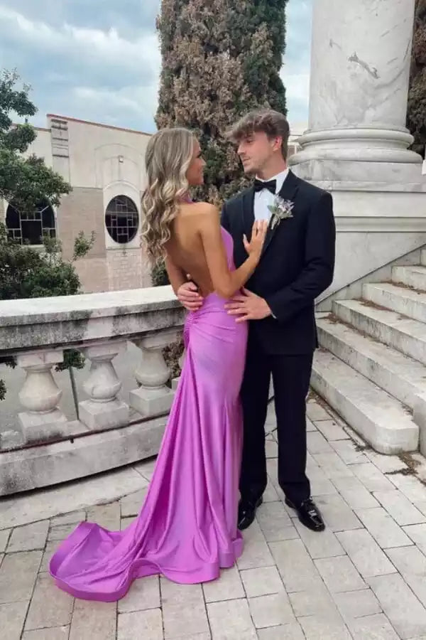 Vibrant Magenta Satin Halter Gown with Open Back & Mermaid Silhouette