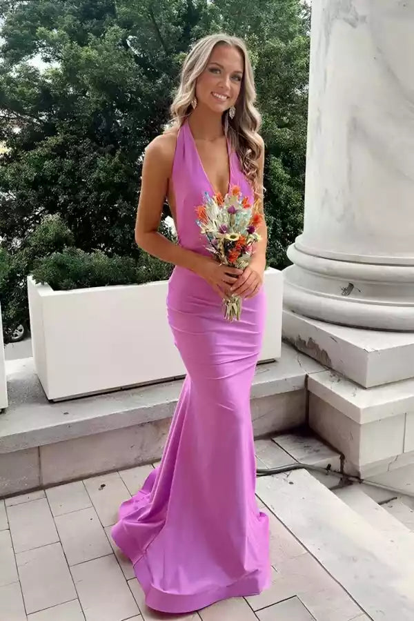 Vibrant Magenta Satin Halter Gown with Open Back & Mermaid Silhouette
