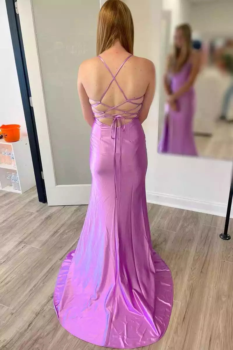 Vibrant Magenta Satin Mermaid Gown with Crisscross Back & Cowl Neckline