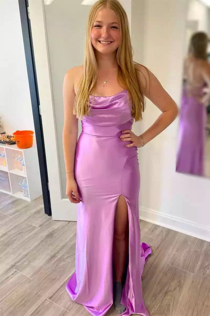 Vibrant Magenta Satin Mermaid Gown with Crisscross Back & Cowl Neckline