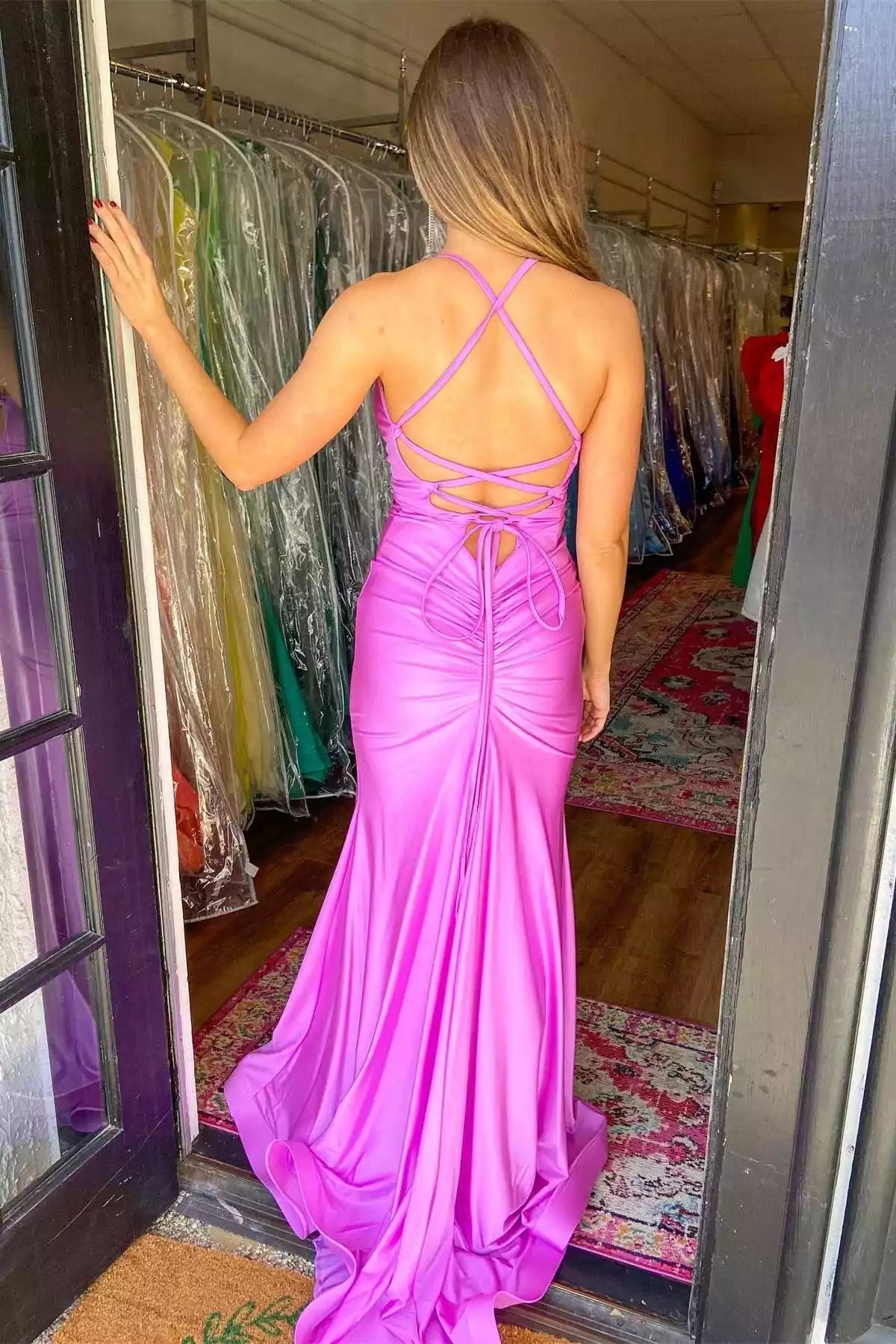 Vibrant Magenta Satin Mermaid Gown with Crisscross Lace-Up Back & Deep V-Neckline