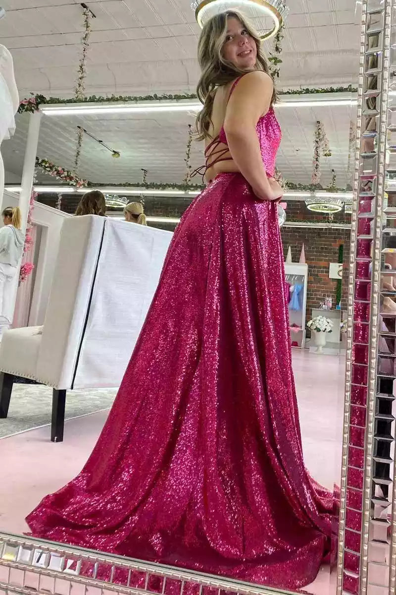 Vibrant Magenta Sequin A-Line Gown with Crisscross Back & Square Neckline