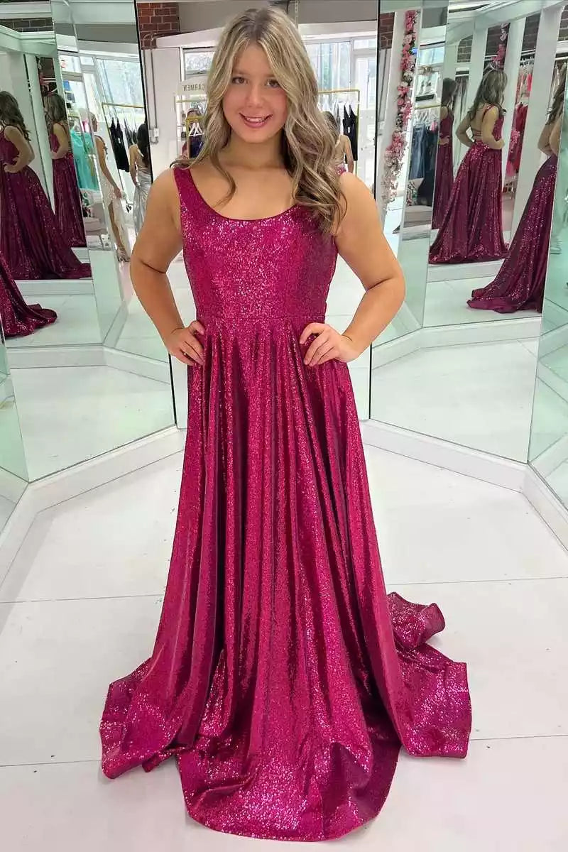 Vibrant Magenta Sequin A-Line Gown with Crisscross Back & Square Neckline