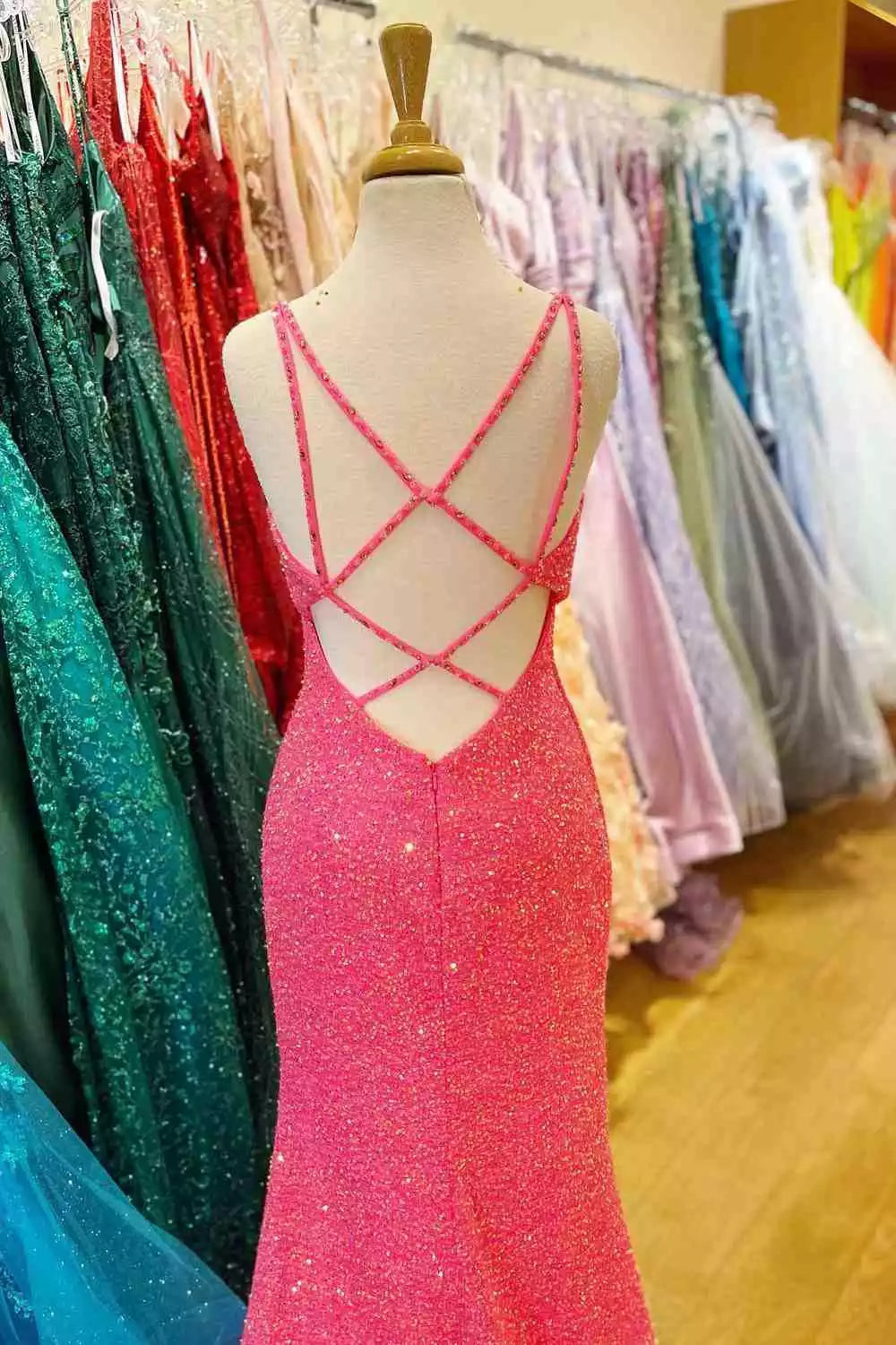 Vibrant Mermaid Spaghetti-Strap Crisscross-Back Floor-Length Prom Gown