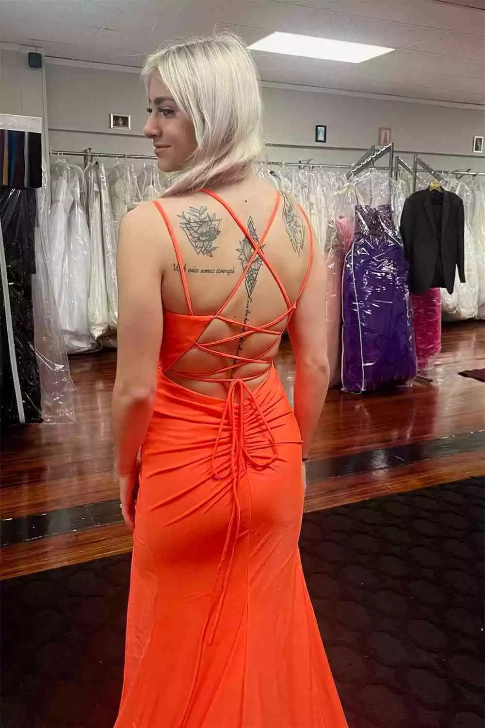 Vibrant Mermaid Spaghetti-Strap Crisscross-Back Slit Floor-Length Formal Gown