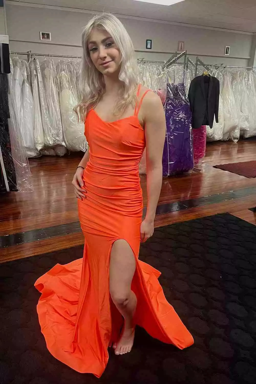Vibrant Mermaid Spaghetti-Strap Crisscross-Back Slit Floor-Length Formal Gown