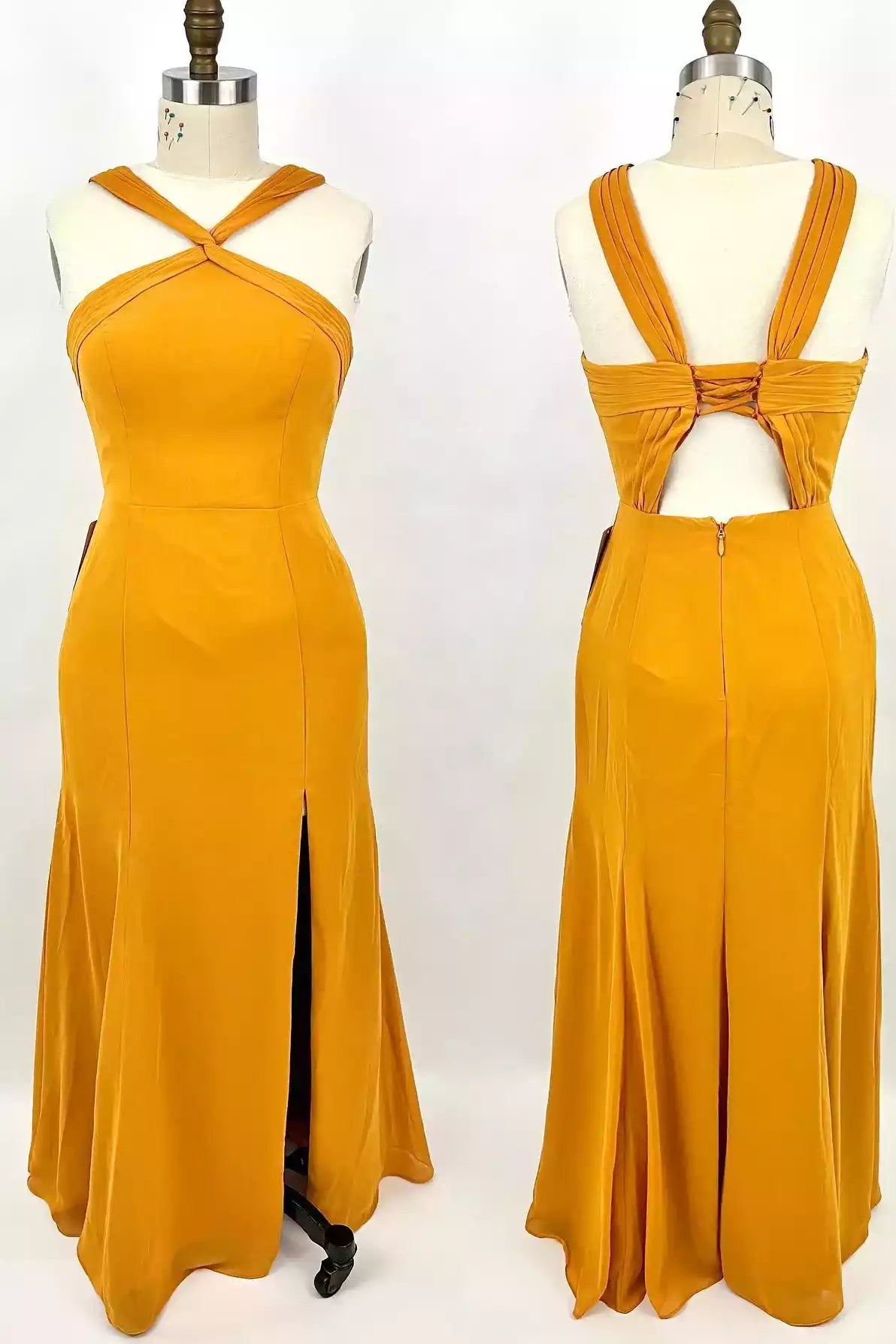 Vibrant Mustard Satin Gown with Cross-Halter Neck & Lace-Up Keyhole Back