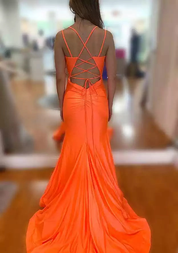 Vibrant Neon Orange Mermaid Gown with Crisscross Lace-Up Back & High Side Slit