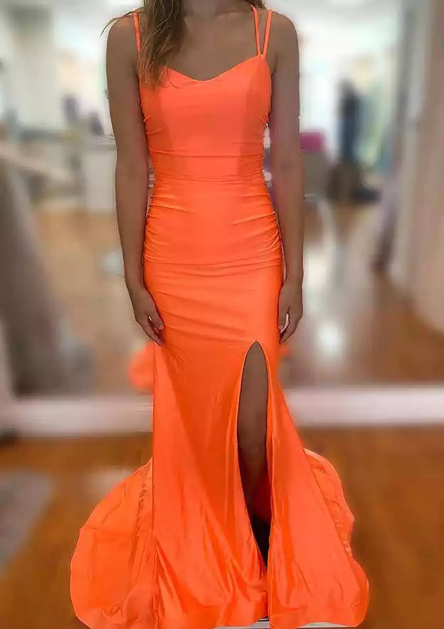 Vibrant Neon Orange Mermaid Gown with Crisscross Lace-Up Back & High Side Slit