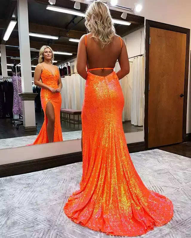 Vibrant Neon Orange Sequin Mermaid Gown with 3D Floral Bodice & Open Back