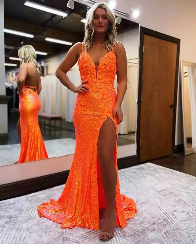 Vibrant Neon Orange Sequin Mermaid Gown with 3D Floral Bodice & Open Back