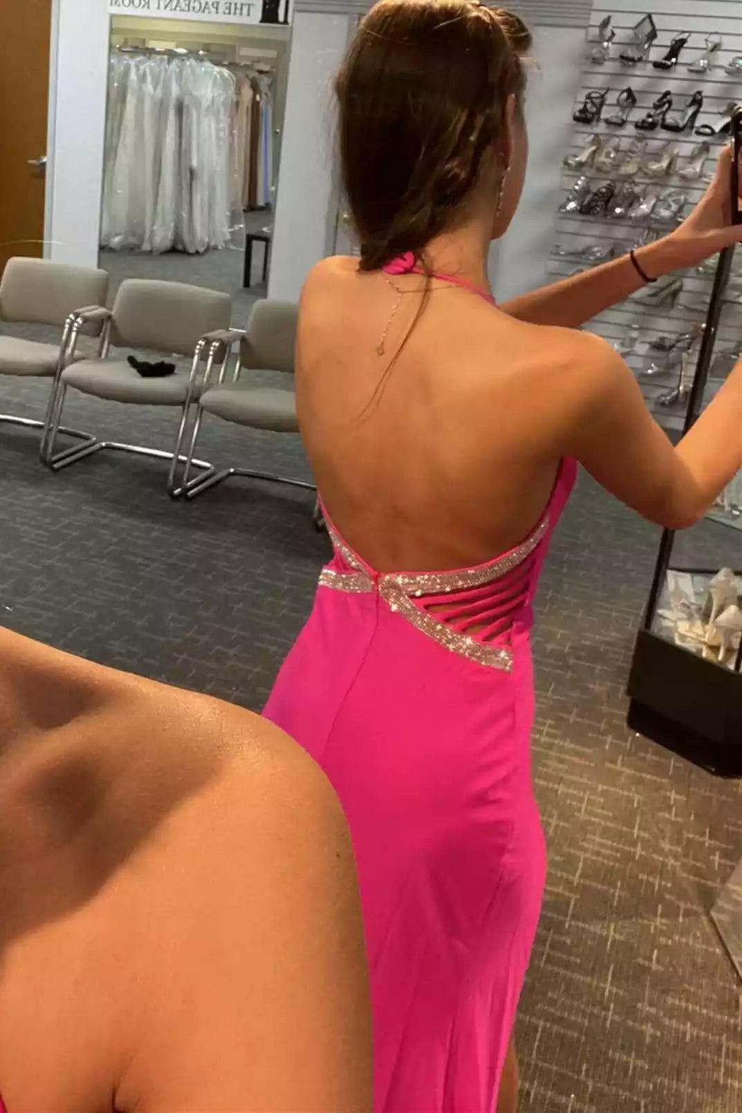 Vibrant Neon Pink Halter Gown with Crystal-Accented Open Back & High Side Slit
