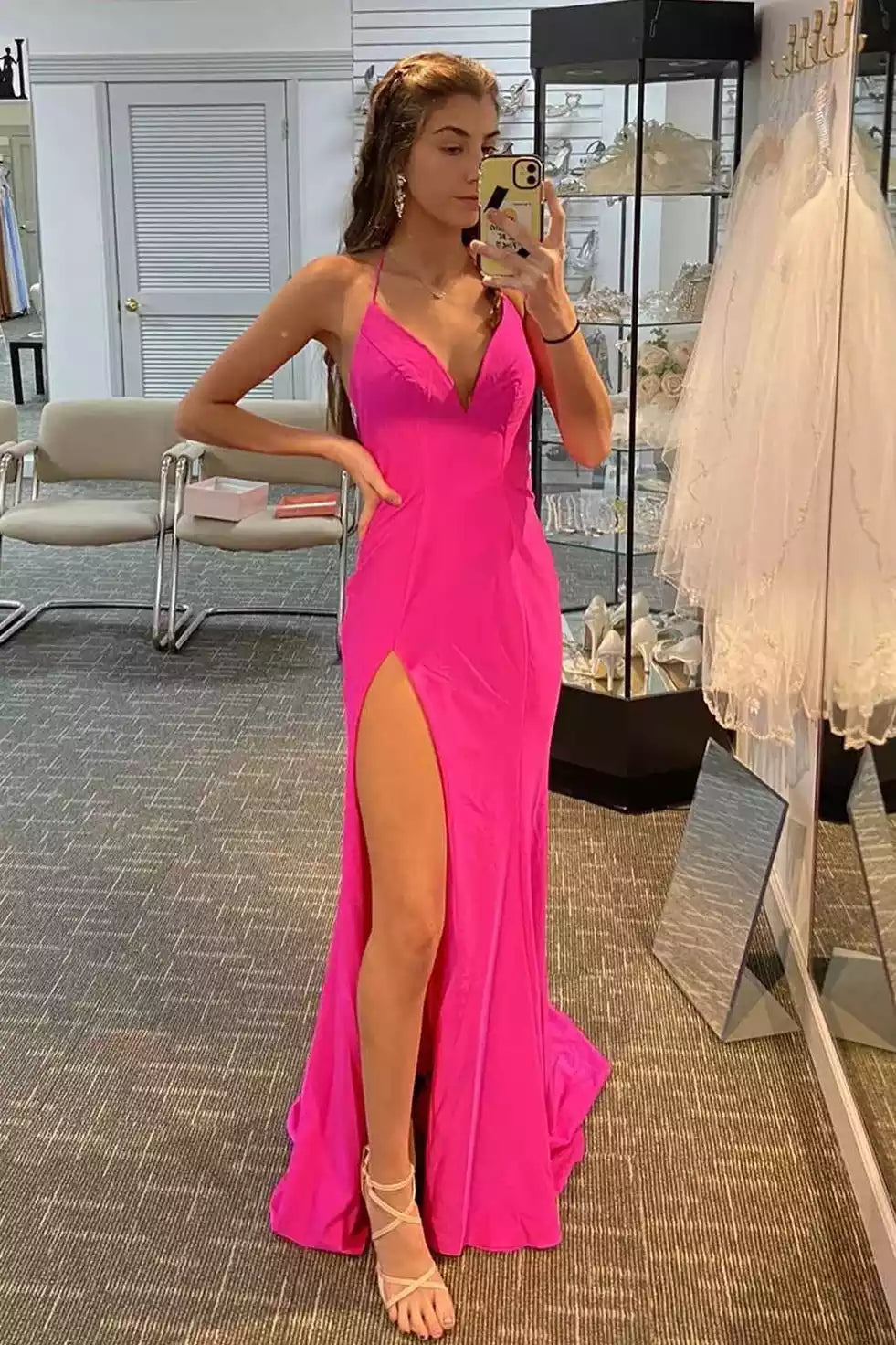 Vibrant Neon Pink Halter Gown with Crystal-Accented Open Back & High Side Slit