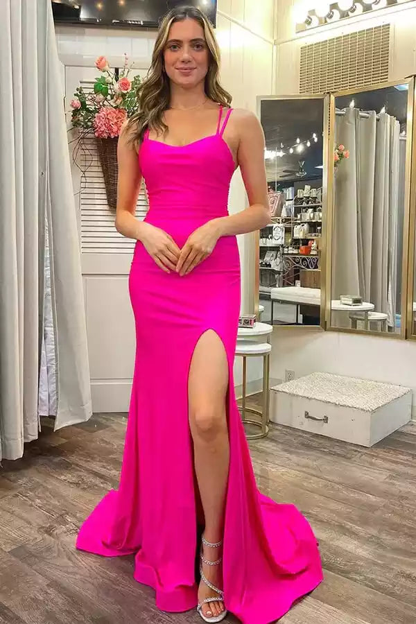 Vibrant Neon Pink Mermaid Gown with Crisscross Open Back & High Slit