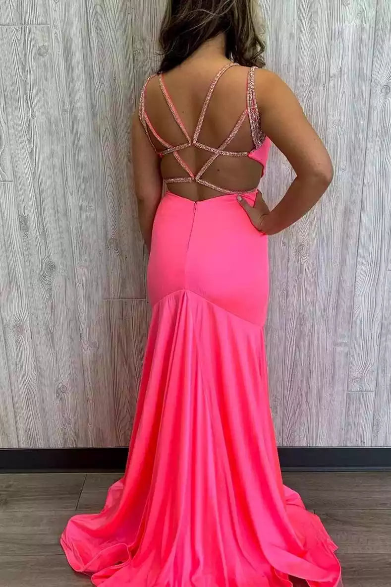 Vibrant Neon Pink Mermaid Gown with Crystal Crisscross Back & Plunging V-Neckline
