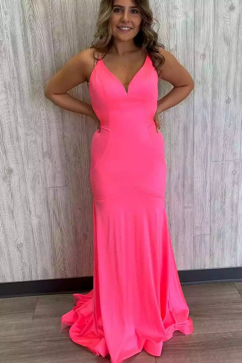 Vibrant Neon Pink Mermaid Gown with Crystal Crisscross Back & Plunging V-Neckline