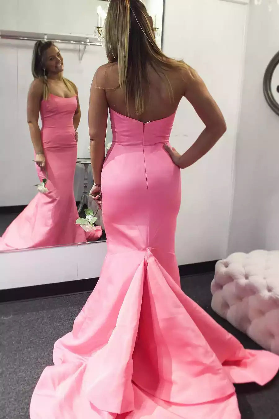 Vibrant Neon Pink Satin Mermaid Gown with Strapless Neckline & Train