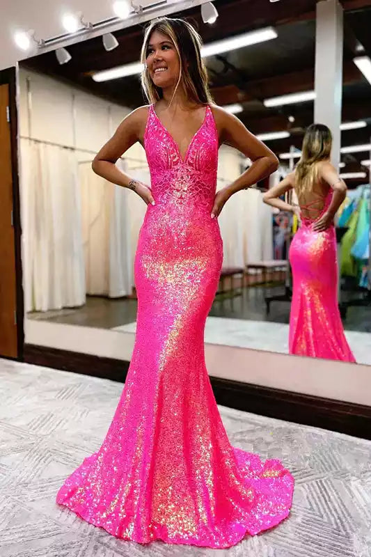 Vibrant Neon Pink Sequin Mermaid Gown with Plunging V-Neck & Crisscross Back