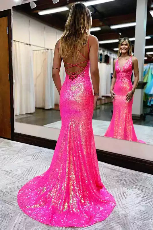 Vibrant Neon Pink Sequin Mermaid Gown with Plunging V-Neck & Crisscross Back