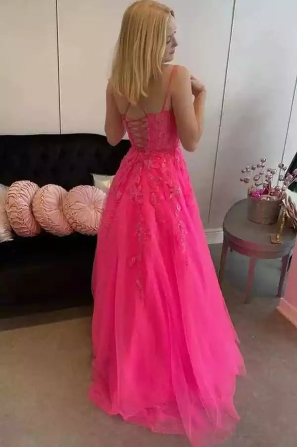 Vibrant Neon Pink Tulle Ballgown with Lace Bodice & Crisscross Back