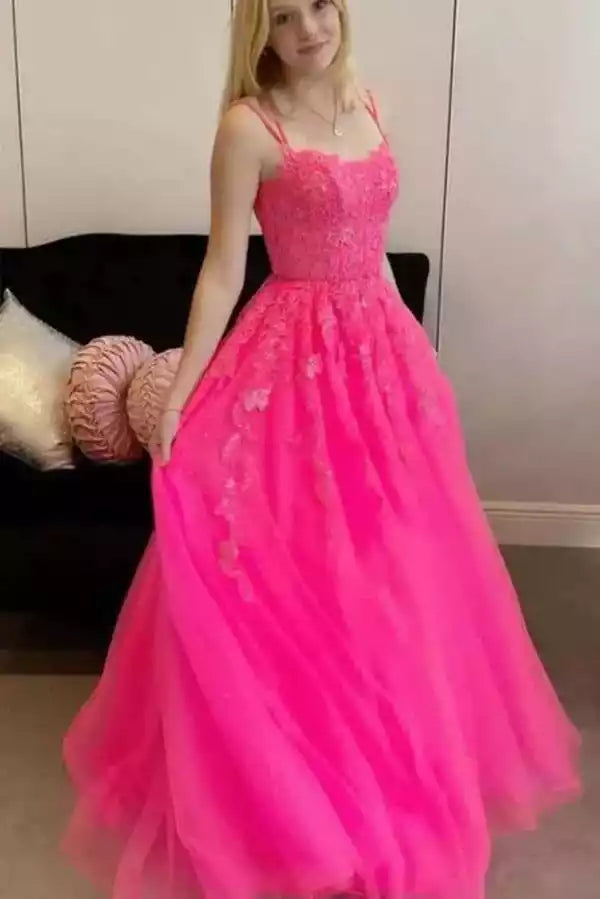 Vibrant Neon Pink Tulle Ballgown with Lace Bodice & Crisscross Back