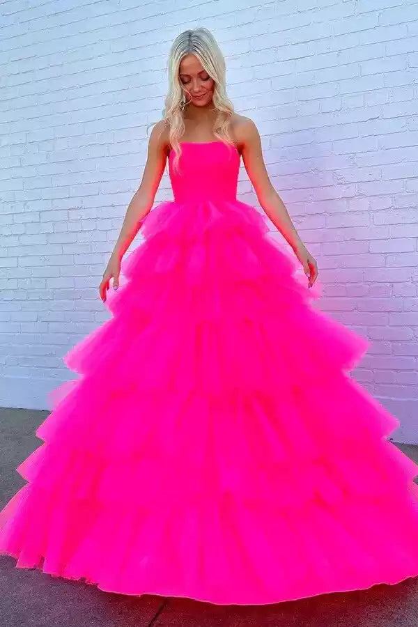 Vibrant Neon Pink Tulle Ballgown with Strapless Bodice & Layered Ruffled Skirt