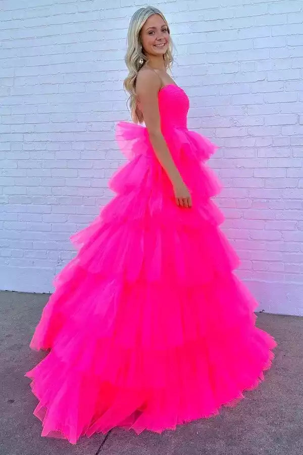 Vibrant Neon Pink Tulle Ballgown with Strapless Bodice & Layered Ruffled Skirt