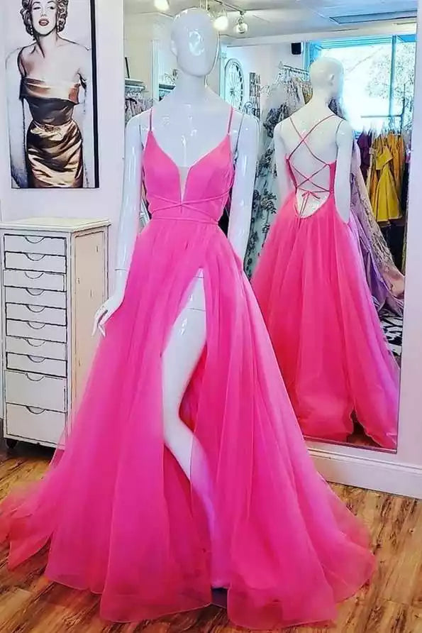 Vibrant Neon Pink Tulle Gown with Plunging V-Neckline & Crisscross Back