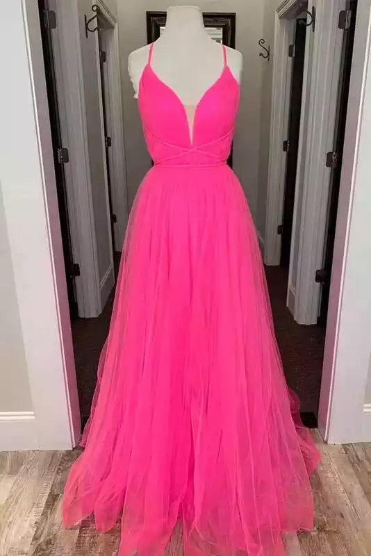 Vibrant Neon Pink Tulle Gown with Plunging V-Neckline & Crisscross Back