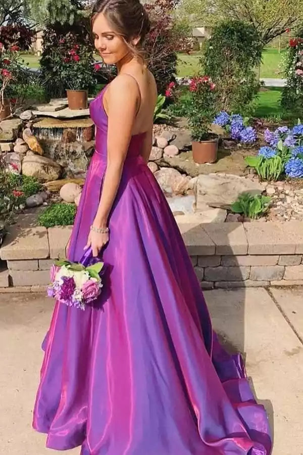 Vibrant Ombre Purple Satin A-Line Gown with Plunge Neck