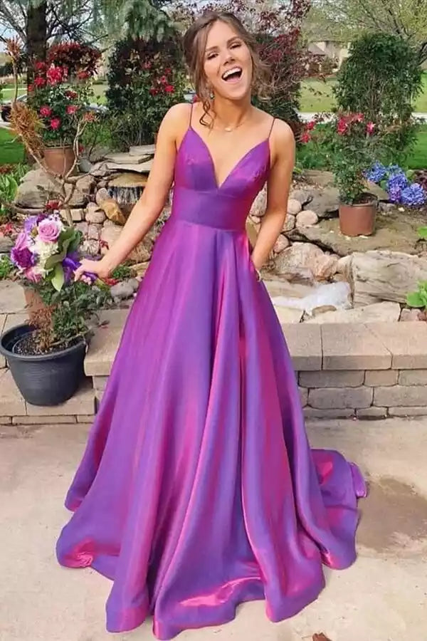 Vibrant Ombre Purple Satin A-Line Gown with Plunge Neck
