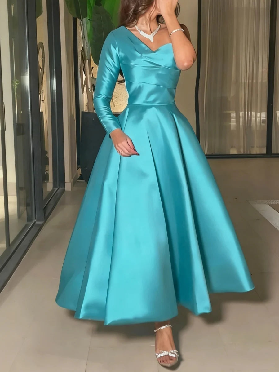 Vibrant One-Shoulder Long Sleeve Satin A-Line Floor-Length Formal Evening Dresses