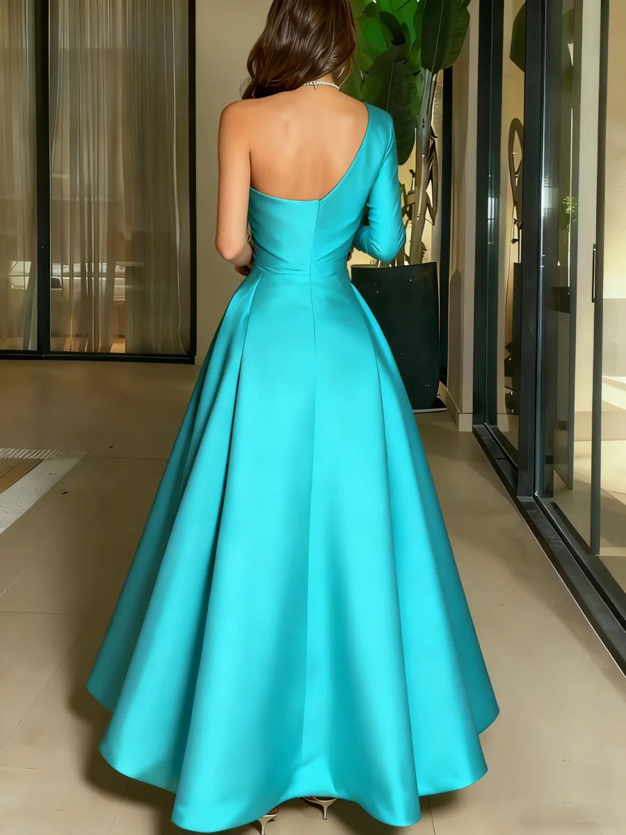 Vibrant One-Shoulder Long Sleeve Satin A-Line Floor-Length Formal Evening Dresses