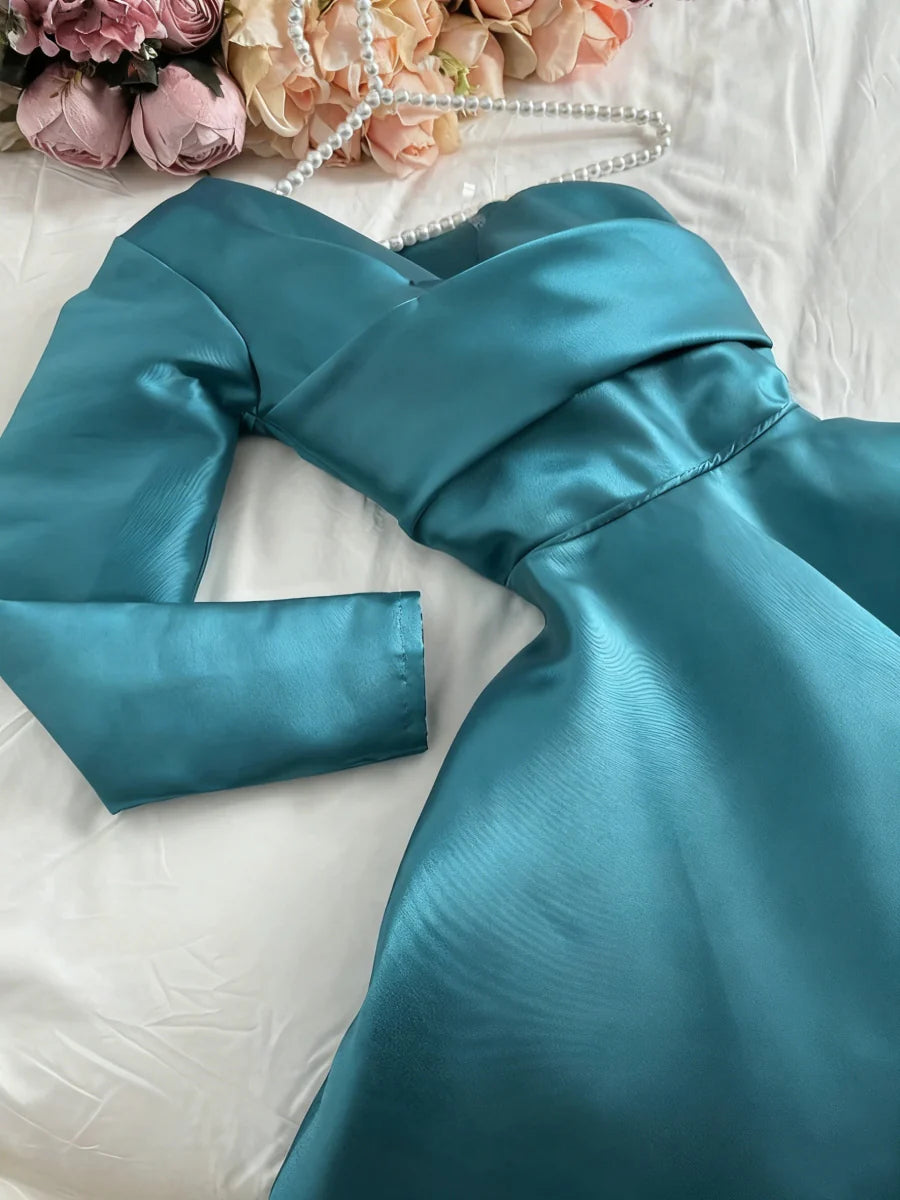 Vibrant One-Shoulder Long Sleeve Satin A-Line Floor-Length Formal Evening Dresses
