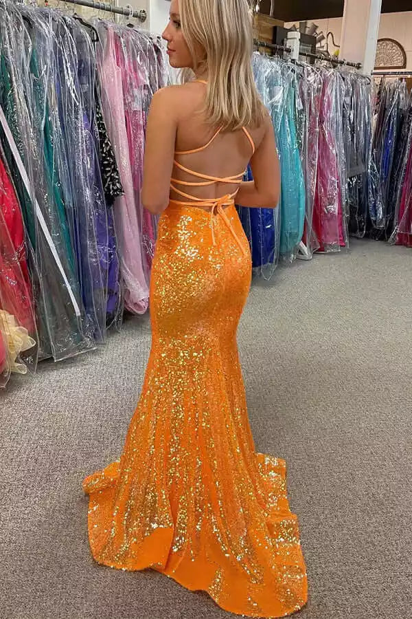 Vibrant Orange Sequin Gown with Halter Crisscross Back & Mermaid Silhouette