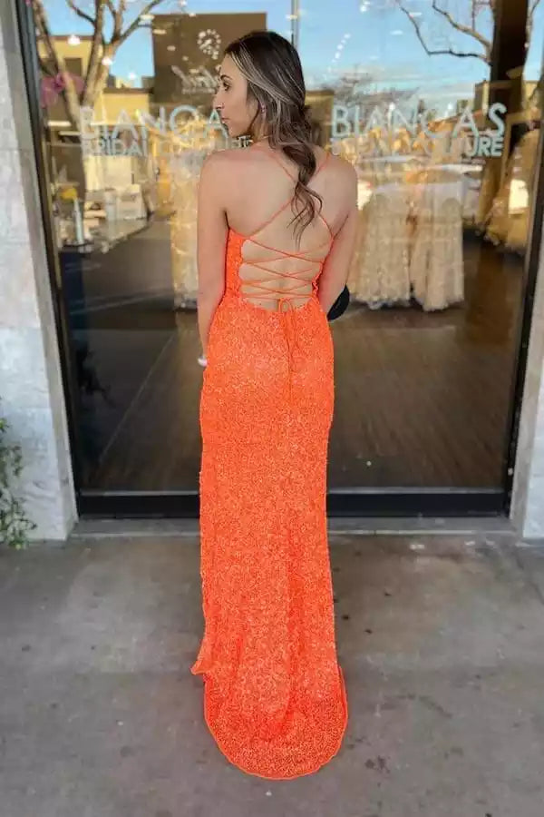 Vibrant Orange Sequin Mermaid Gown with Crisscross Open Back
