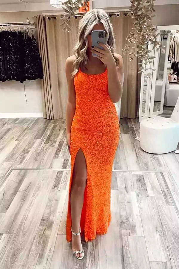Vibrant Orange Sequin Mermaid Gown with Crisscross Open Back