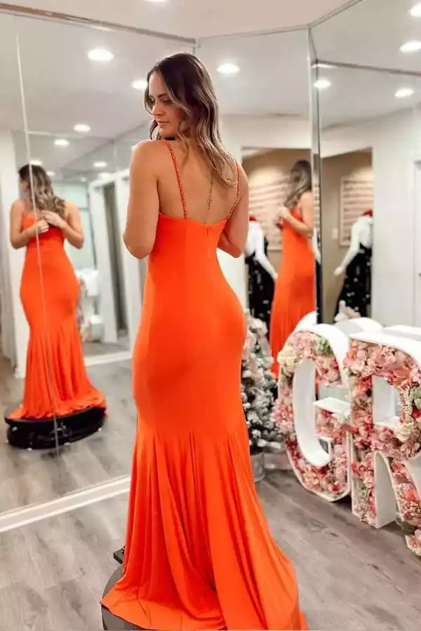 Vibrant Orange Spaghetti Strap Beaded Mermaid Train Gown – Bold & Glamorous Evening Party Dress