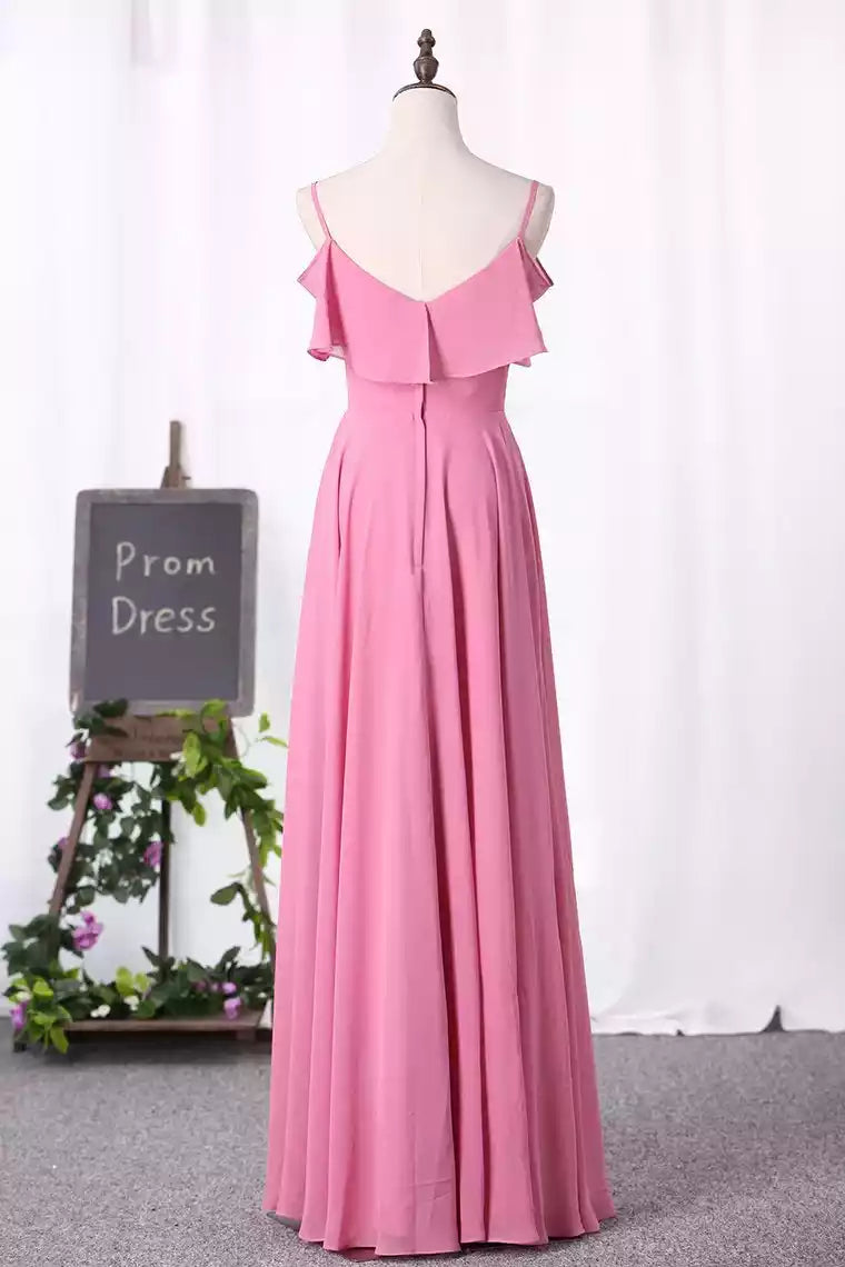Vibrant Pink Chiffon Prom Gown with Cold-Shoulder Ruffles