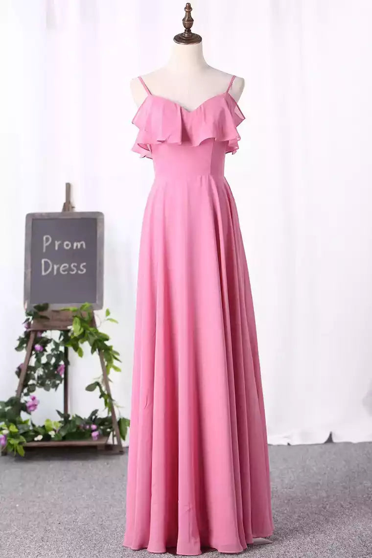 Vibrant Pink Chiffon Prom Gown with Cold-Shoulder Ruffles