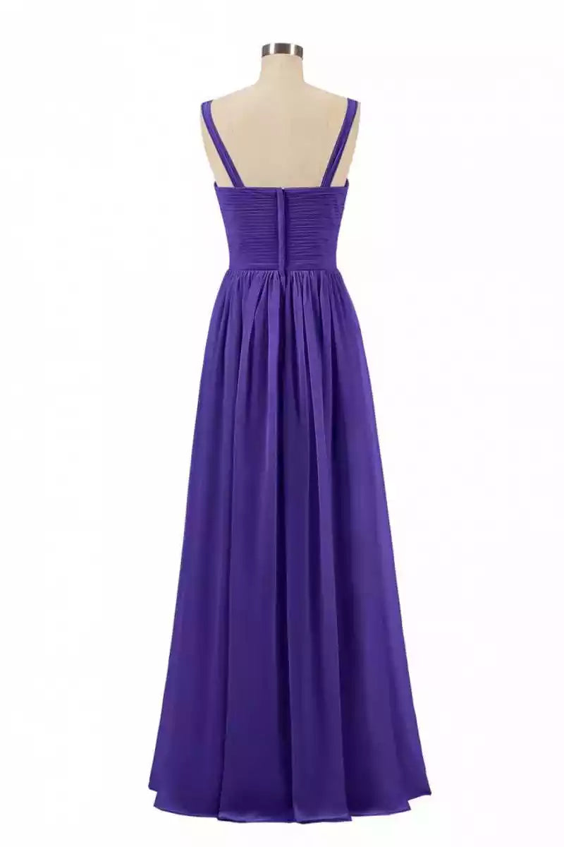 Vibrant Purple Chiffon Gown with Ruched Bodice & Embellished Straps