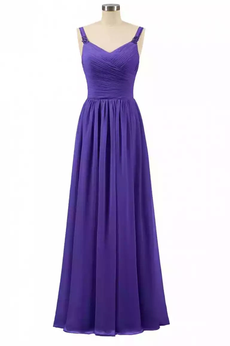 Vibrant Purple Chiffon Gown with Ruched Bodice & Embellished Straps