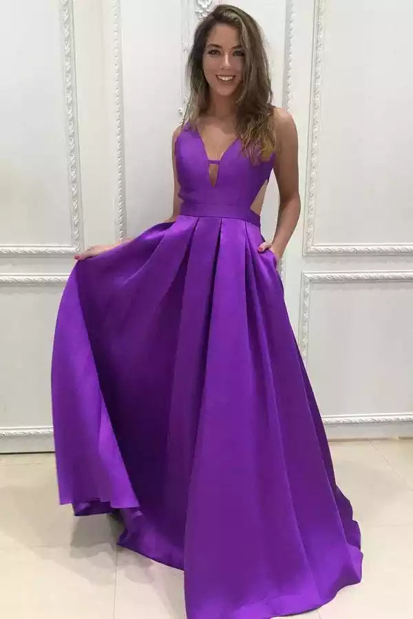 Vibrant Purple Satin Deep V Cut-Out A-Line Gown – Bold & Elegant Evening Party Dress