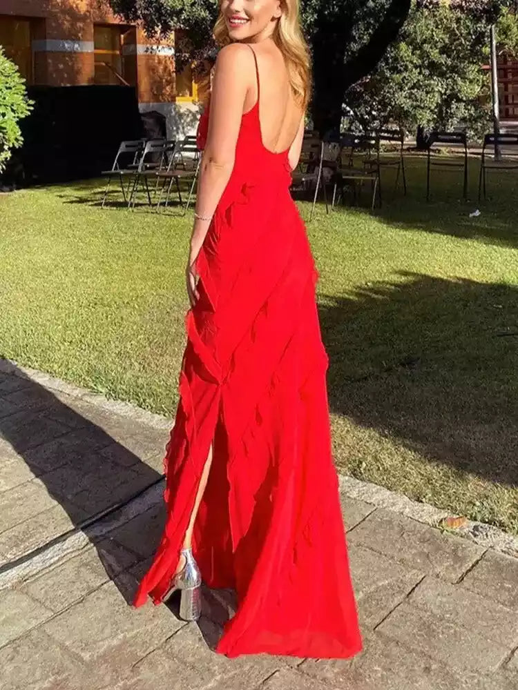 Vibrant Red Chiffon Gown with Spaghetti Straps & Asymmetrical Ruffle Overlay