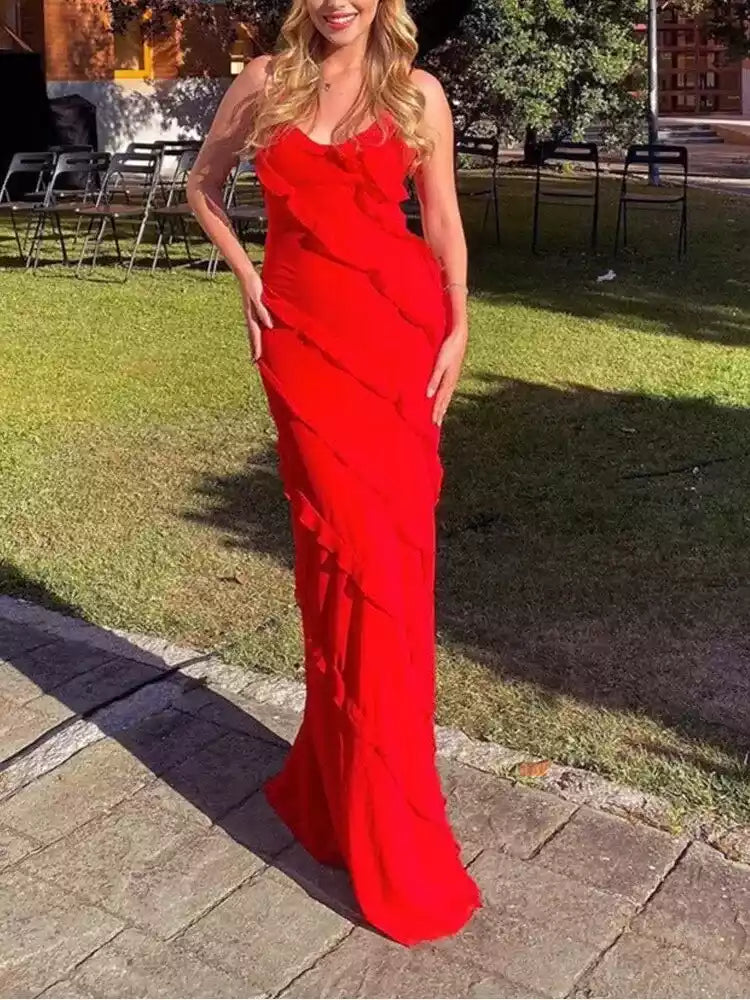 Vibrant Red Chiffon Gown with Spaghetti Straps & Asymmetrical Ruffle Overlay