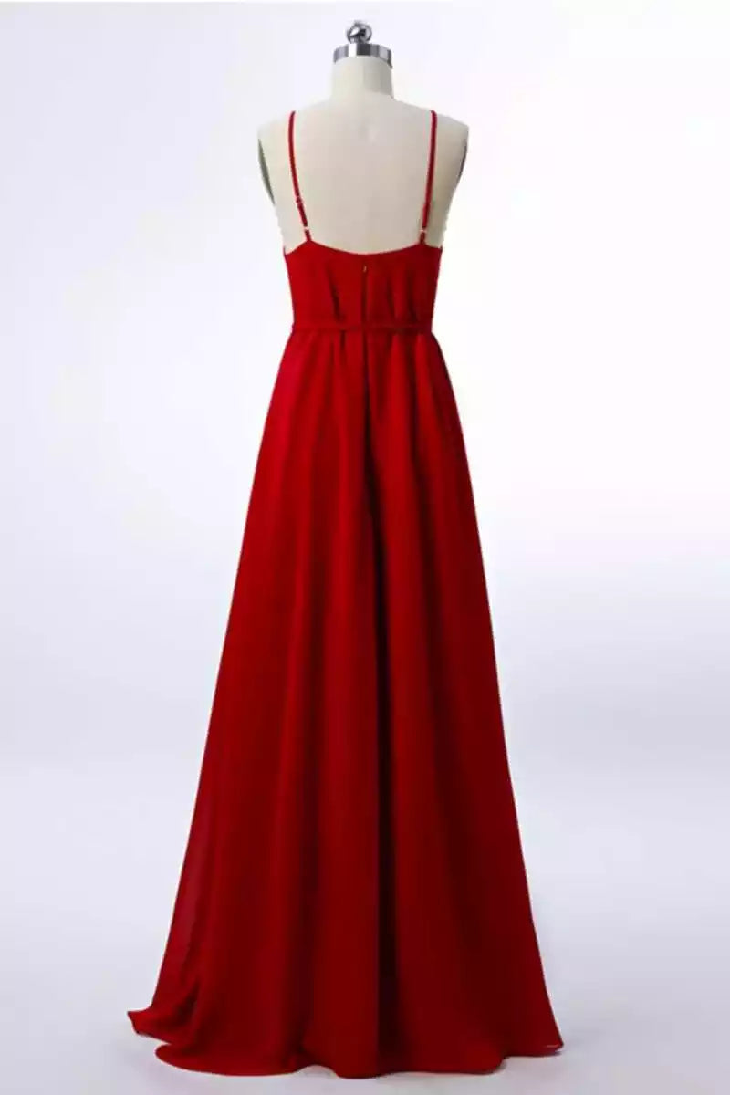 Vibrant Red Chiffon Gown with Thin Straps & Tie-Waist
