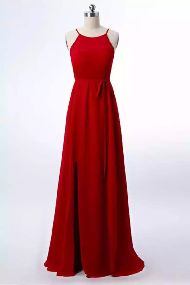 Vibrant Red Chiffon Gown with Thin Straps & Tie-Waist