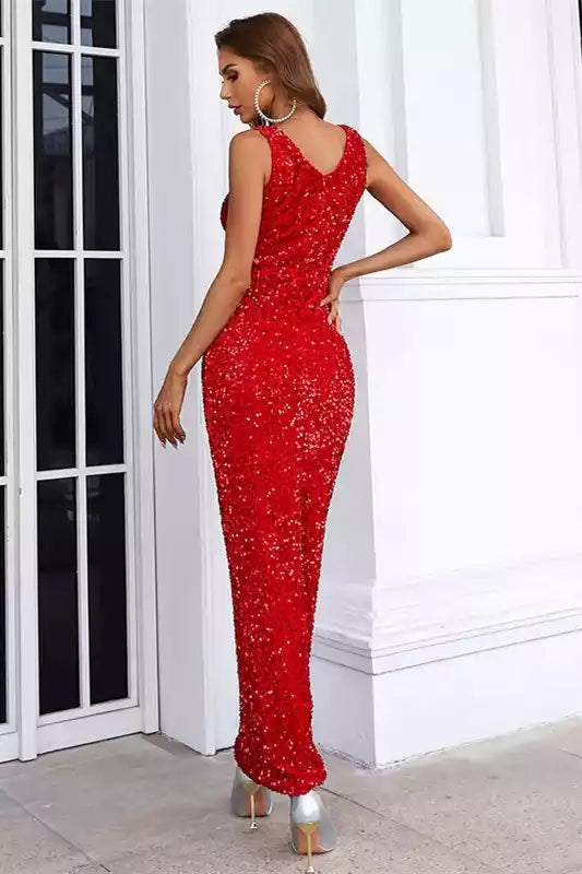 Vibrant Red Sequin Gown with Square Neck & Sleeveless Silhouette
